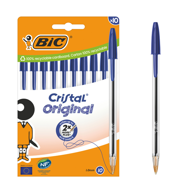 Balpen Bic Cristal medium blauw blister à 10 stuks