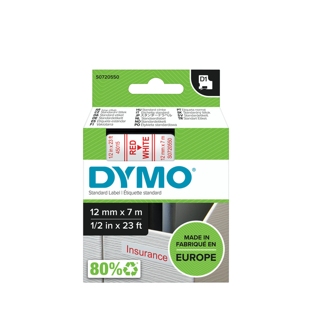 Labeltape Dymo LabelManager D1 polyester 12mm rood op wit Labeltape Dymo LabelManager D1 polyester 12mm rood op wit