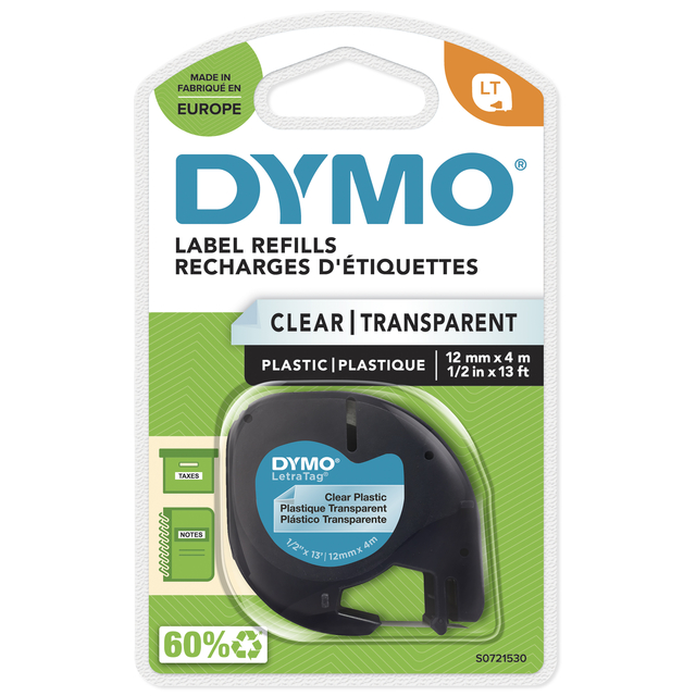 Labeltape Dymo LetraTag plastic 12mm zwart op transparant Labeltape Dymo LetraTag plastic 12mm zwart op transparant