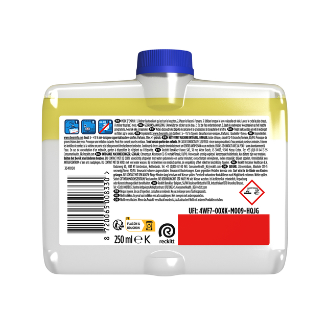 plastic container, gele vloeistof, streepjescode, dop, 250 ml