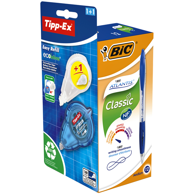 Balpen BIC Atlantis + gratis Tipp-Ex easy medium blauw doos à 12 stuks Balpen BIC Atlantis + gratis Tipp-Ex easy medium blauw doos à 12 stuks