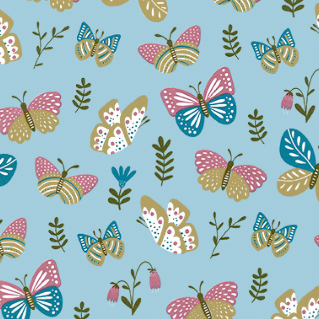 butterfly pattern,  blauwe achtergrond,  kleurrijke vlinders,  florale elementen,  herhalend patroon