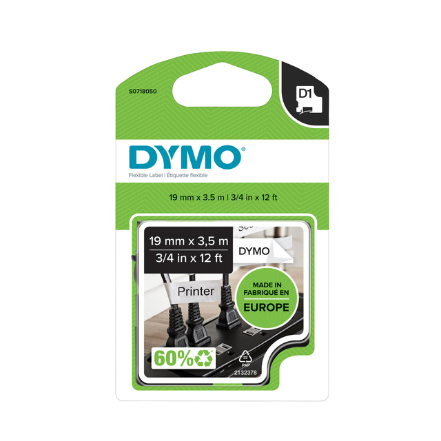 Labeltape Dymo LabelManager D1 nylon 19mm zwart op wit Labeltape Dymo LabelManager D1 nylon 19mm zwart op wit
