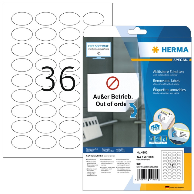 Etiket HERMA 4380 ovaal 40.6x25.4mm wit 900 etiketten Etiket HERMA 4380 ovaal 40.6x25.4mm wit 900 etiketten