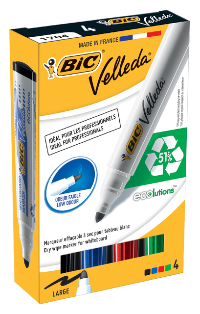 Whiteboardmarker Bic Velleda 1701 rond large assorti doos à 4 stuks