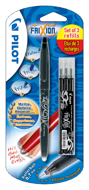 Rollerpen PILOT friXion medium zwart blister à 1 stuk + 3 vullingen Rollerpen PILOT friXion medium zwart blister à 1 stuk + 3 vullingen