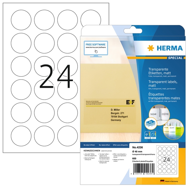 Etiket HERMA 4236 rond 40mm transparant 600 etiketten Etiket HERMA 4236 rond 40mm transparant 600 etiketten