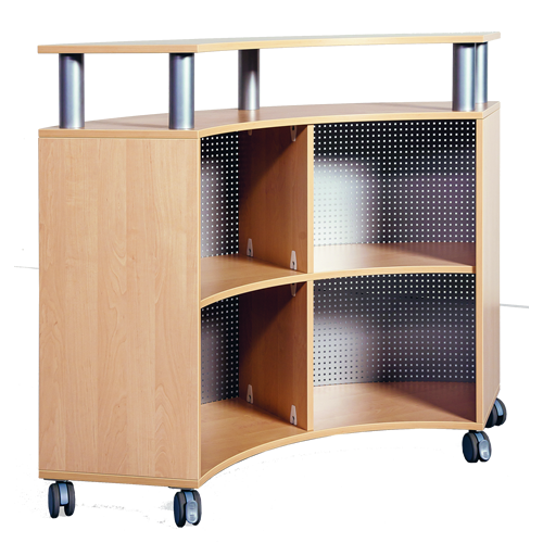 Receptiebalie - gemaakt van brandvertragend materiaal, verrijdbare kwartronde plank met bovenste plank, B/H/D: 140x109x57 cm