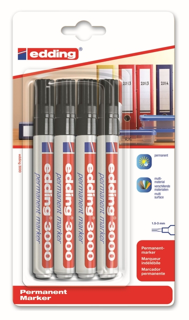 Viltstift edding 3000 rond 1.5-3mm zwart blister à 4 stuks Viltstift edding 3000 rond 1.5-3mm zwart blister à 4 stuks