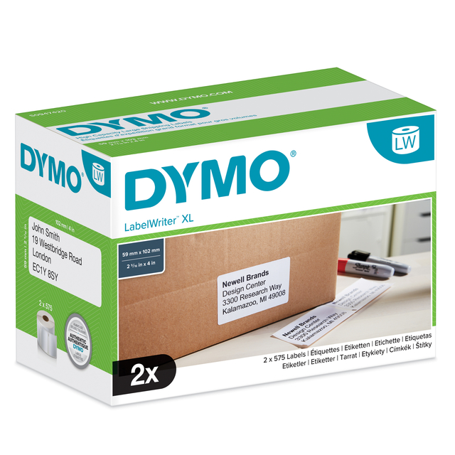 Etiket Dymo LabelWriter 5XL verzendlabel 59x102mm 2 rollen á 575 stuks wit Etiket Dymo LabelWriter 5XL verzendlabel 59x102mm 2 rollen á 575 stuks wit