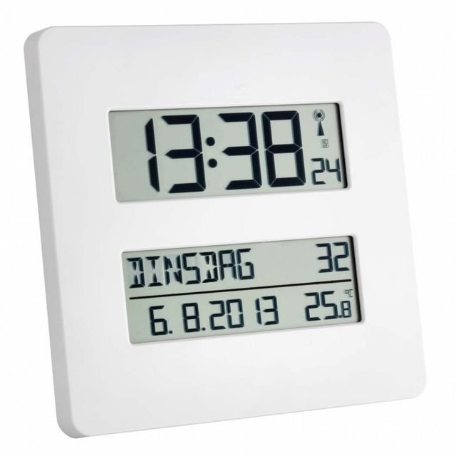 digital clock, calendar, white frame, LCD display, weather data