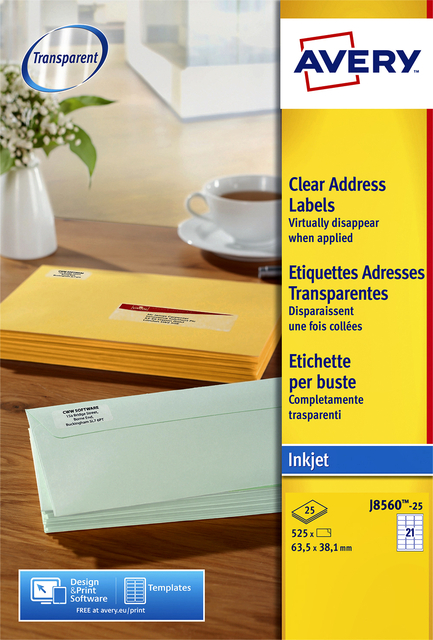 Etiket Avery J8560-25 63.5x38.1mm transparant 525 etiketten Etiket Avery J8560-25 63.5x38.1mm transparant 525 etiketten