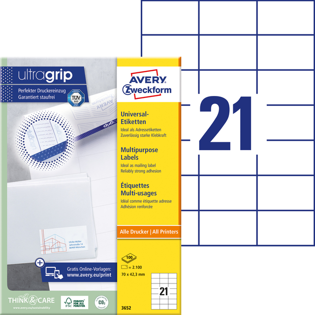 Etiket Avery Zweckform 3652 70x42.3mm wit 2100stuks