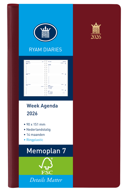 Agenda 2026 Ryam Memoplan 7 Suprema ringplasic 7dagen/2pagina's bordeaux Agenda 2026 Ryam Memoplan 7 Suprema ringplasic 7dagen/2pagina's bordeaux