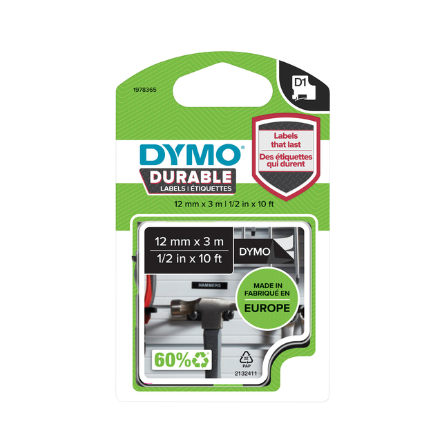 Labeltape Dymo LabelManager D1 polyester 12mm wit op zwart Labeltape Dymo LabelManager D1 polyester 12mm wit op zwart