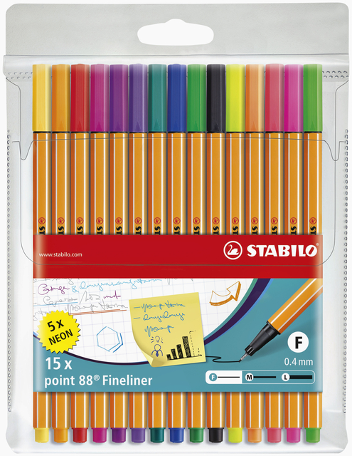 Fineliner STABILO point 88/15 fijn assorti etui à 15 stuks Fineliner STABILO point 88/15 fijn assorti etui à 15 stuks