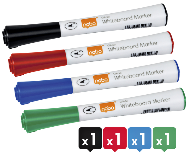 Whiteboardmarker Nobo Glide rond assorti 1mm 4st