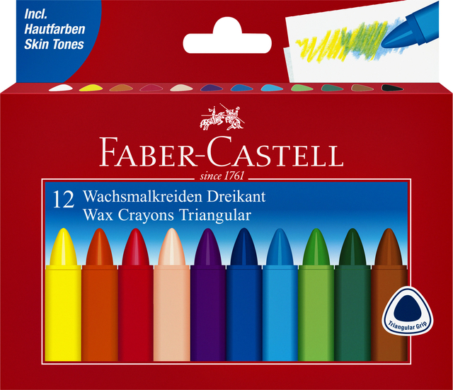 Waskrijt Faber-Castell driehoekig assorti set à 12 stuks Waskrijt Faber-Castell driehoekig assorti set à 12 stuks