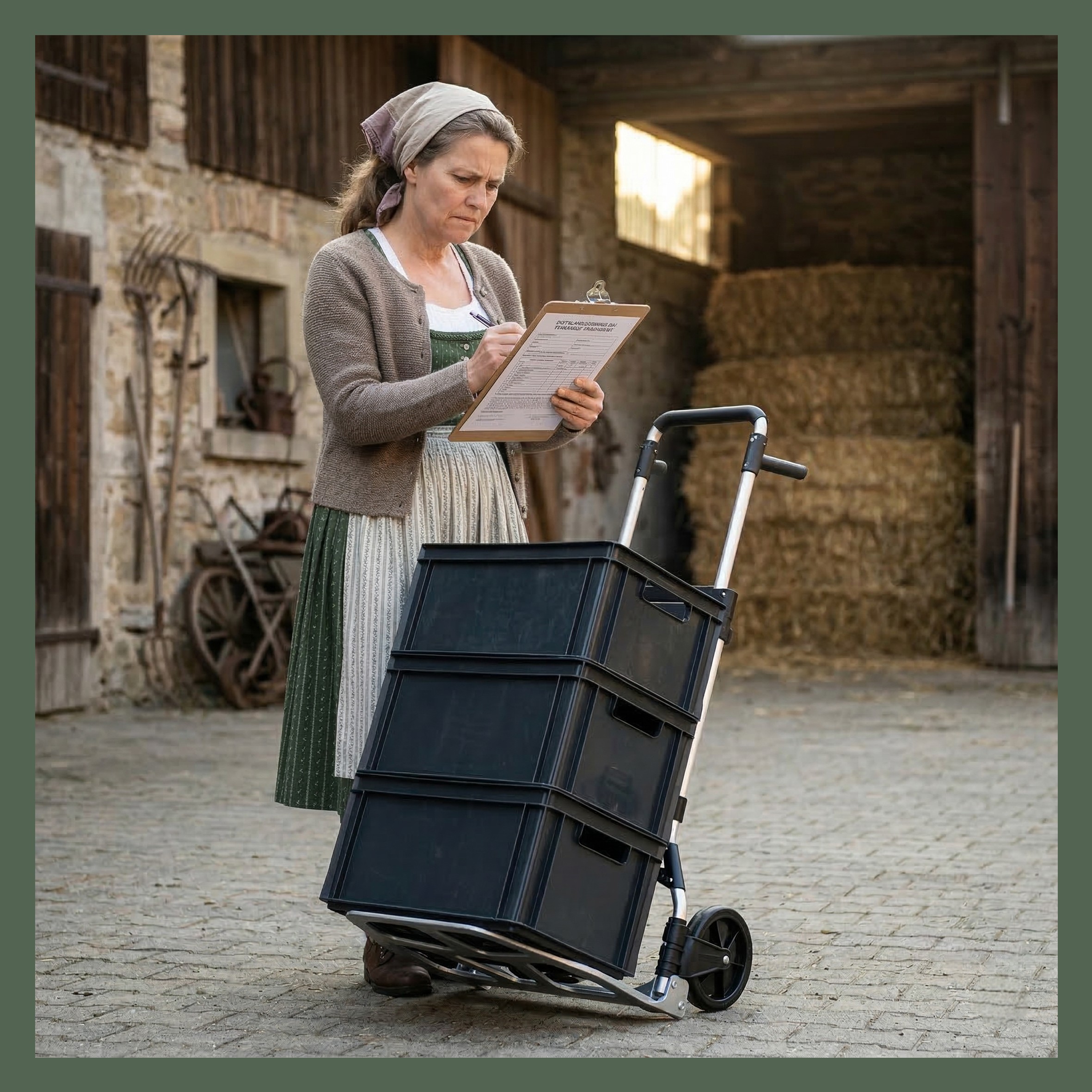trolley, opslagkratten, plastic kratten, handwagen, vrouw met clipboard