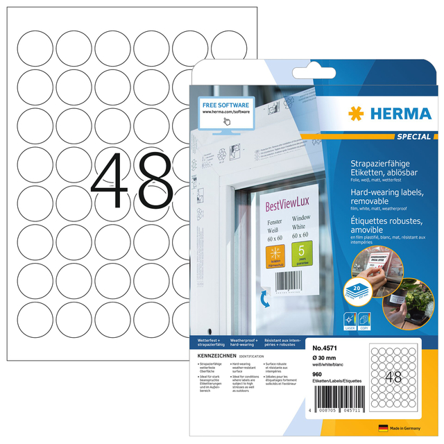 Etiket HERMA 4571 30mm rond folie wit 960 etiketten Etiket HERMA 4571 30mm rond folie wit 960 etiketten