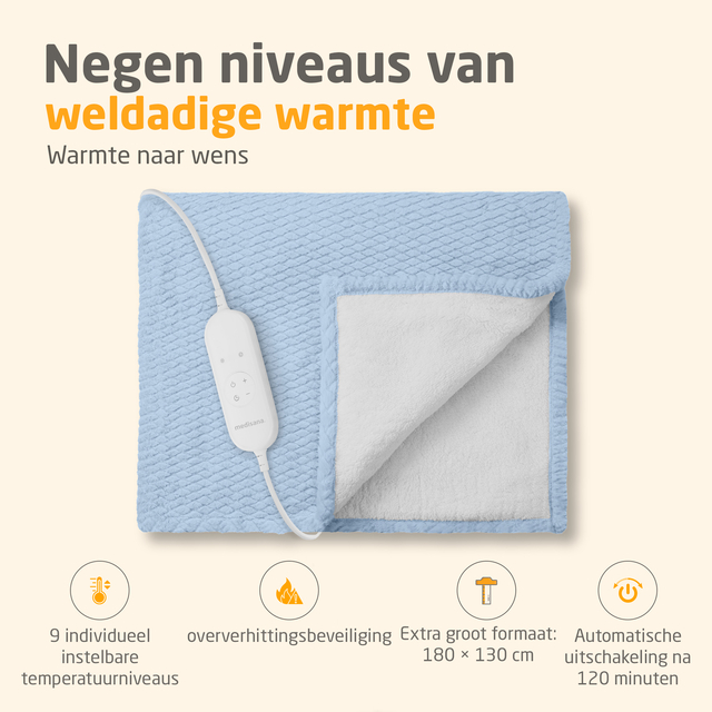 elektrische deken, blauw, quiltpatroon, afneembare bediening, oververhittingsbeveiliging