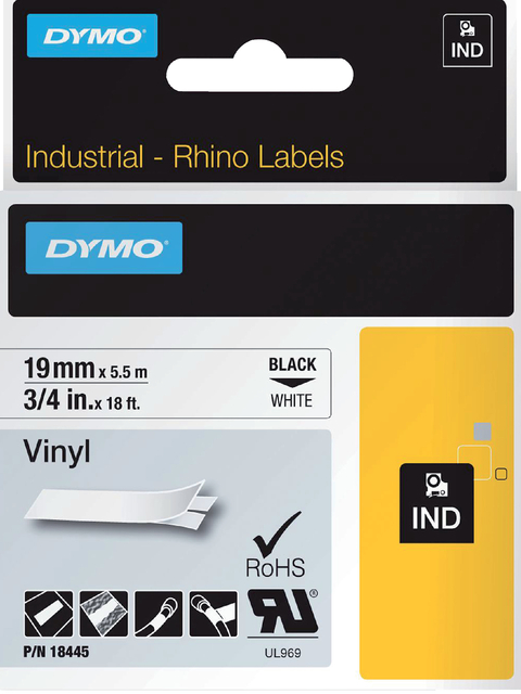 Labeltape Dymo Rhino industrieel vinyl 19mm zwart op wit Labeltape Dymo Rhino industrieel vinyl 19mm zwart op wit