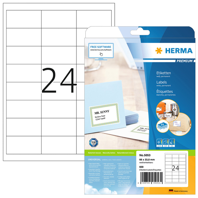 Etiket HERMA 5053 66x33.8mm premium wit 600 stuks