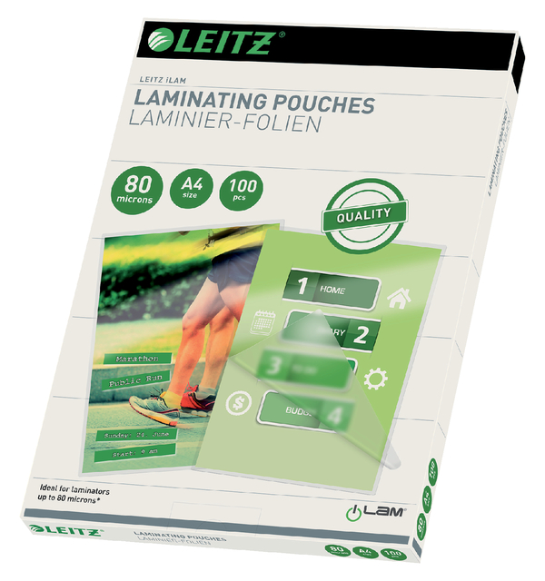 Lamineerhoes Leitz iLAM A4 2x80micron EVA 100 stuks Lamineerhoes Leitz iLAM A4 2x80micron EVA 100 stuks