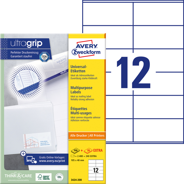 Etiket Avery Zweckform 3424-200 105x48mm wit 2400stuks
