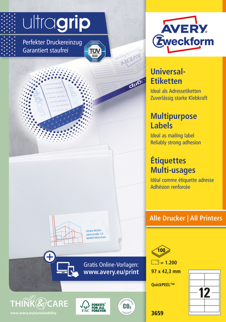 Etiket Avery Zweckform 3659 97x42.3mm wit 1200stuks