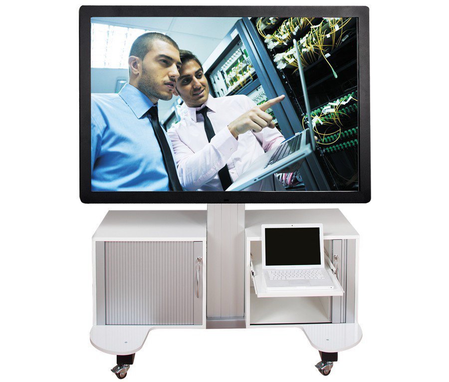 Verrijdbaar, elektrisch hoogte verstelbaar TV standaard 130-180 cm voor 42 tot 84 inch schermen met 2 computerkasten