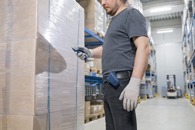 magazijn, pallet, doos, handschoenen, werker