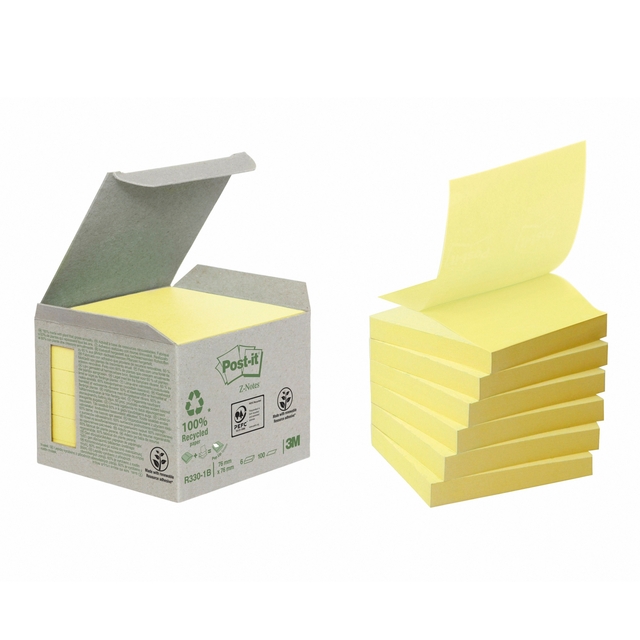 Memoblok Post-it Z-Note R330-1B recycled 76x76mm canary yellow 6 stuks Memoblok Post-it Z-Note R330-1B recycled 76x76mm canary yellow 6 stuks