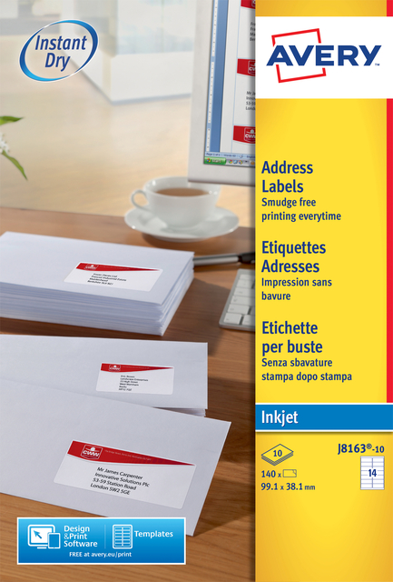Etiket Avery J8163-10 99.1x38.1mm wit 140 etiketten Etiket Avery J8163-10 99.1x38.1mm wit 140 etiketten