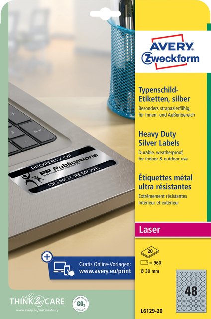 Etiket Avery Zweckform L6129-20 rond 30mm zilver 960stuks Etiket Avery Zweckform L6129-20 rond 30mm zilver 960stuks