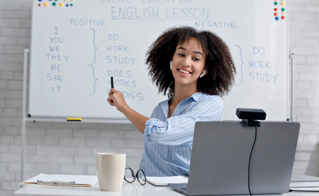 online education, english lesson, whiteboard, laptop, student