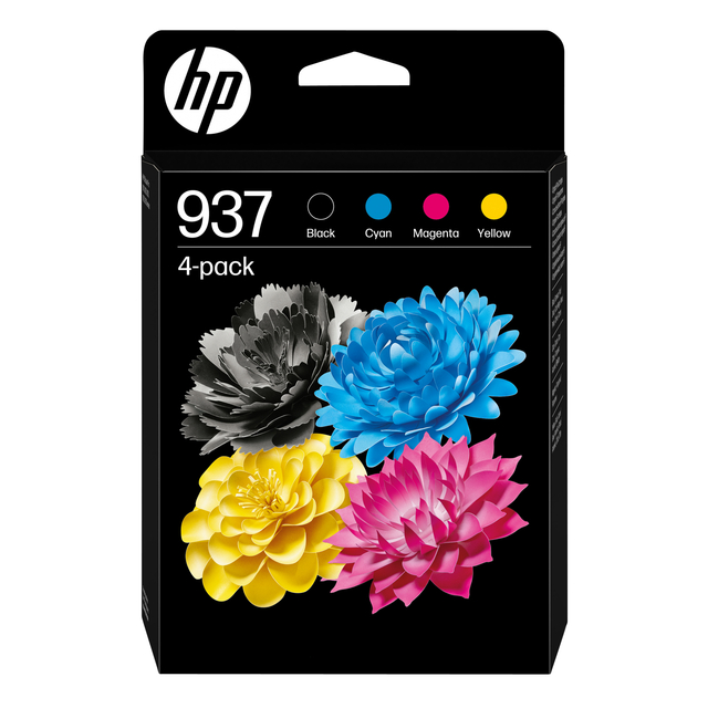 printer ink, 4-pack, colored petals, magenta yellow blue, HP ink