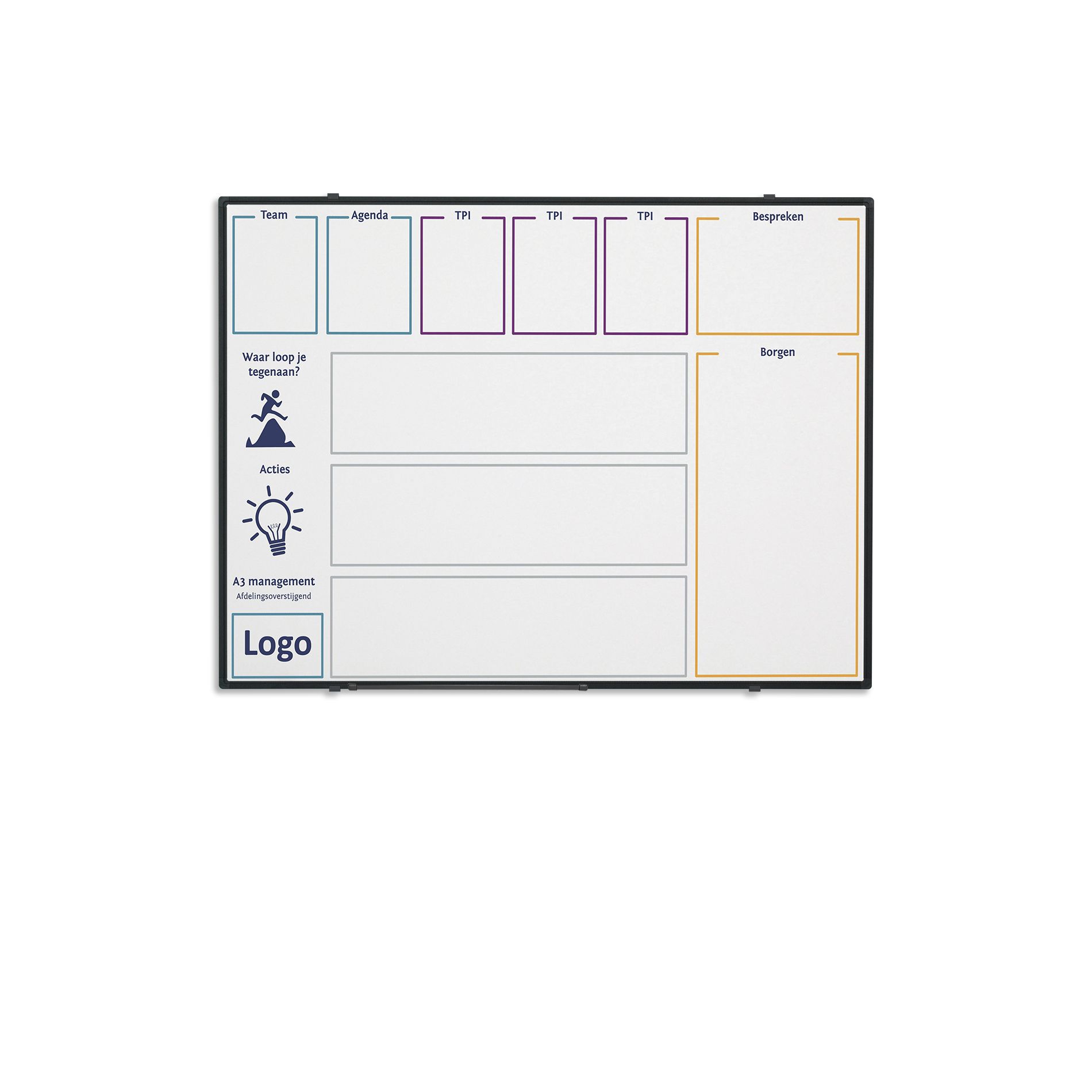 Bedrukt whitebord, zwart Softline profiel 8mm - 120x120 cm