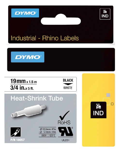 Labeltape Dymo Rhino industrieel krimpkous 19mm zwart op wit Labeltape Dymo Rhino industrieel krimpkous 19mm zwart op wit