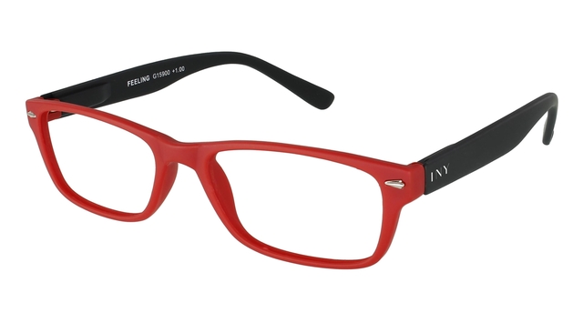 bril, leesbril, red frame, kunststof, rectangulaire