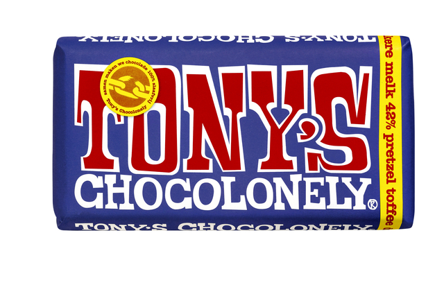 Chocolade Tony's Chocolonely donker melk pretzel toffee reep 180gr Chocolade Tony's Chocolonely donker melk pretzel toffee reep 180gr