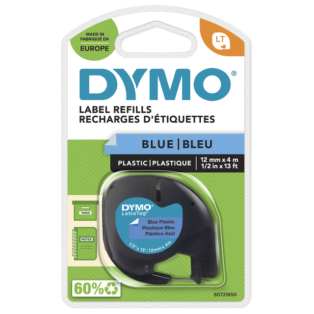 Labeltape Dymo LetraTag plastic 12mm zwart op blauw Labeltape Dymo LetraTag plastic 12mm zwart op blauw