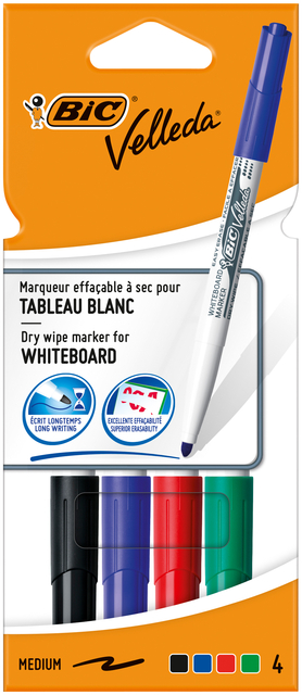 Whiteboardmarker Bic Velleda 1744 rond medium assorti kartonnen etui à 4 stuks
