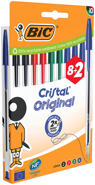 Balpen Bic Cristal medium assorti blister à 8+2 gratis