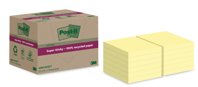Memoblok Post-it Super Sticky 654 RSS12CY recycled 76x76mm canary yellow 12 stuks Memoblok Post-it Super Sticky 654 RSS12CY recycled 76x76mm canary yellow 12 stuks