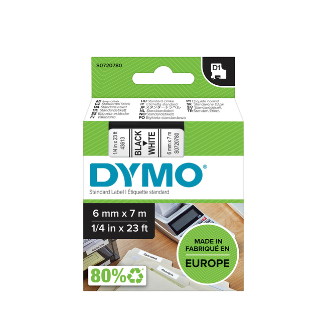 Labeltape Dymo LabelManager D1 polyester 6mm zwart op wit Labeltape Dymo LabelManager D1 polyester 6mm zwart op wit
