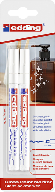 Paintmarker edding 751 op oliebasis 1-2mm wit blister à 2 stuks Paintmarker edding 751 op oliebasis 1-2mm wit blister à 2 stuks