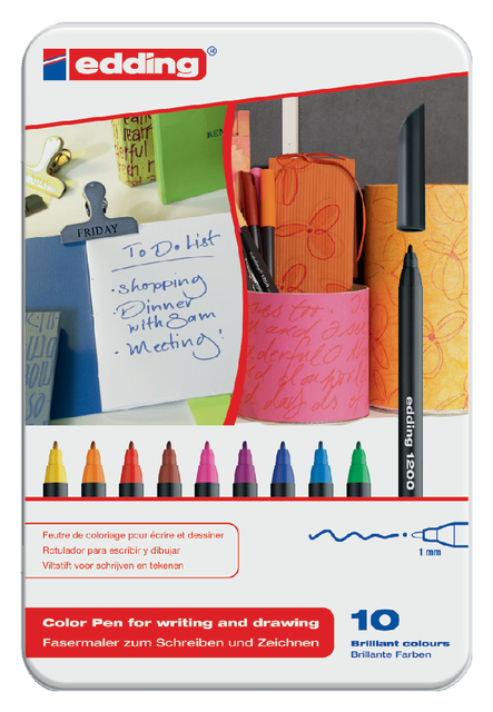 Fineliner edding 1200 fijn assorti blik à 10 stuks Fineliner edding 1200 fijn assorti blik à 10 stuks