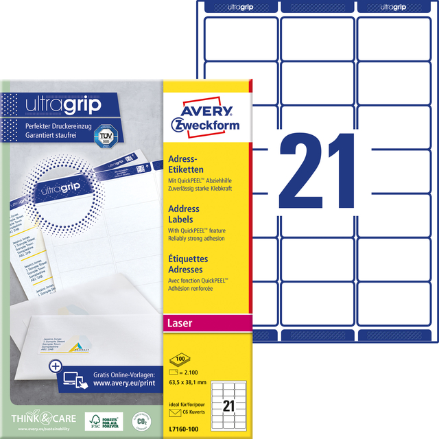 Etiket Avery L7160-100 63.5x38.1mm wit 2100stuks
