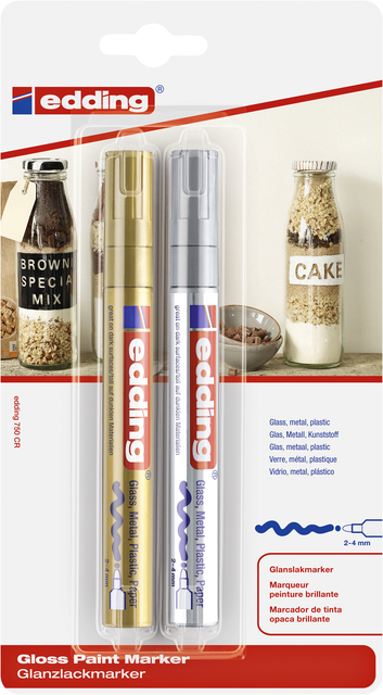 Paintmarker edding 750 op oliebasis 2-4mm goud en zilver blister à 2st Paintmarker edding 750 op oliebasis 2-4mm goud en zilver blister à 2st